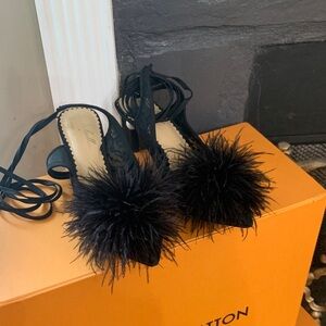 Nicola Bathie Black Feather Pom-Pom Lace-Up Heels